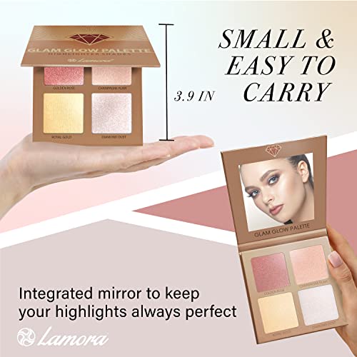 Highlighter Make-up Bronzer Powder Palette - Face Highlighter Makeup Palette Set With Mirror - 4 Highly Pigmented Shimmer Colors For Highlighting