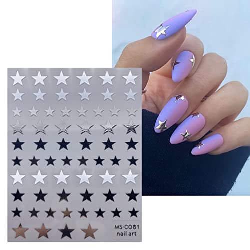 JMEOWIO 10 Sheets Colorful Star Nail Art Stickers Decals Self-Adhesive Platinum Black Silver Nail Supplies Nail Art Design Decoration Accessories