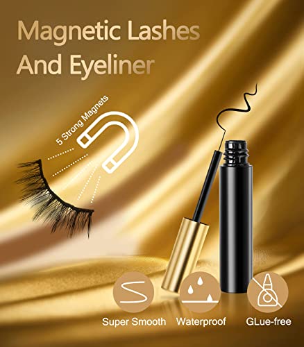 Magnetic Eyelashs Natural Look, Larbois 5 Paires Magnetic Eyelashes with Eyeliner Kit, Self Adhesive&Reusable Fluffy Fake Eyelashes Set and Water