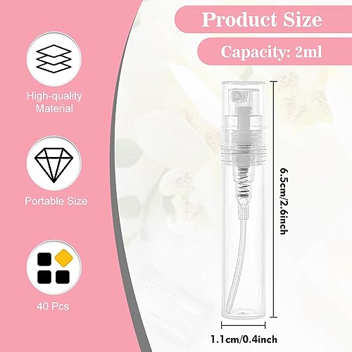 KITERI 40 Pcs Mini Spray Atomizer Empty Bottles, 2ml Mini Spray Bottle Refillable Perfume Empty Sample Bottle Sprayer Portable Mist Plastic Sampl