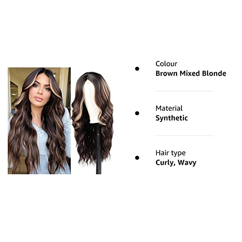Long Brown Wavy Wig 24 Inch Highlight Wigs for Women Middle Part Curly Synthetic Hair Natural Looking Heat Resistant Fiber for Daily Party Use (B
