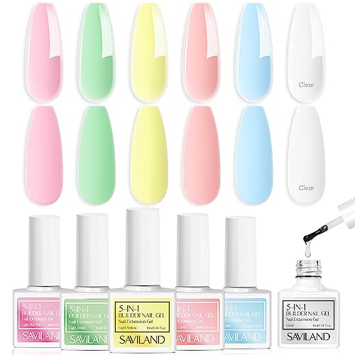Saviland 5 in 1 Builder Nail Gel Set - 6 Colors Clear Pink Jelly Translucent Builder Gels for Nails Builder Gels in a Bottle Nail Strengthener Ge