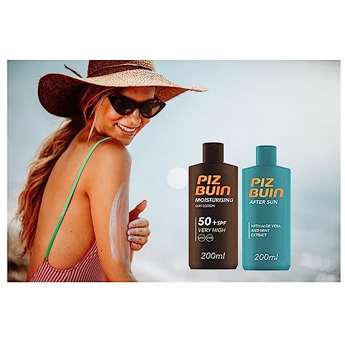 Piz Buin Sun Lotion SPF50+ 200ml bundled with After Sun Soothing Cooling Moisturising Lotion 200ml with Aloe Vera and Mint Extract - Sun Protecti