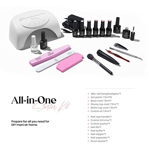 Beetles Gel Nail Polishes Starter Kit, 6 Colors Nail Salon Set with 48W Nail Lamp, Pink Valentines Decorations French White Glitter Pink Nude Gel