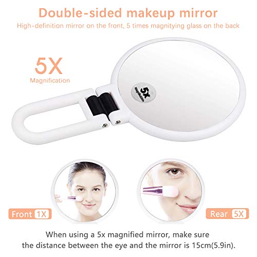Makeup Mirror Double Sided 5X/1X Magnifying,Hand Held Mirror with Folding Handle,Compact Cosmetic Vanity Mirror for Girls,Ladies,Beauty,Handbag,T