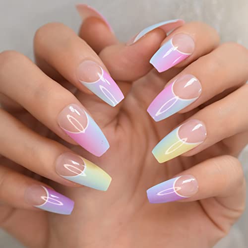 Ayyla 24 pieces Rainbow Colourful Bellarina Omber Colorful False Nails Long Acrylic Full Cover Fake Nails Tips Stick On Nails for Girls Women (sh