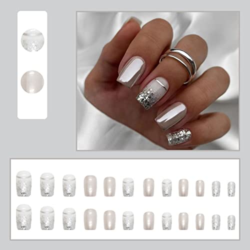 JUSTOTRY 24 Pcs Glitter Square False Nails Medium,Silvery French Press on Nails Pattern, Easy Fake Nails Short with Nail Glue, Stick on Nails for