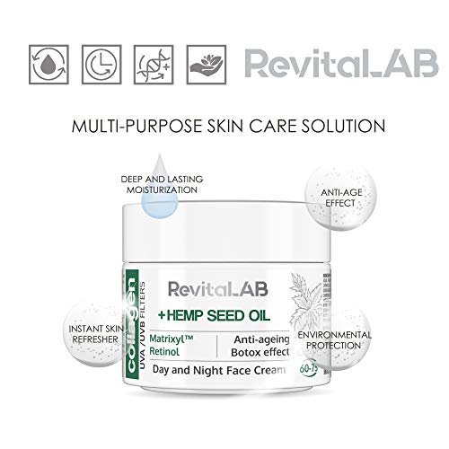 RevitaLAB Day and Night Collagen Anti-Ageing Moisturiser, Enriched with Hyaluronic Acid, Matrixyl® 3000, Hemp Seed Oil and a UVA/UVB Filter, for
