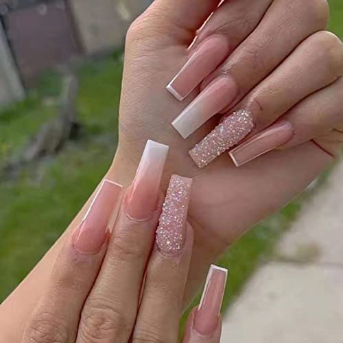 RUNRAYAY Medium Length French Tips Press on Nails with Designs, Nude White Acrylic Nails Press On, Stick on Nails for Women, Glue on Nails Fake N