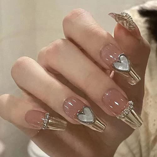 False Nails Medium Length, Acrylic French Stick on Nails, 24pcs Almond Pink Press On Nails with Glue Elegant Ballet Heart Design Sweet Fake Nails