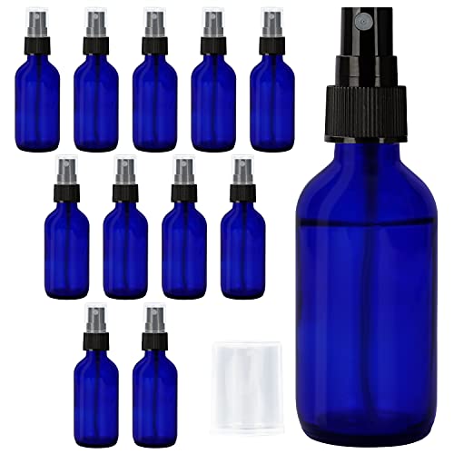 Belle Vous Glass Blue Spray Bottles (12 Pack) - 60ml / 20oz - Empty Fine Mist Bottle Sprayer - Refillable Cobalt Bottles for Essential Oils, Clea