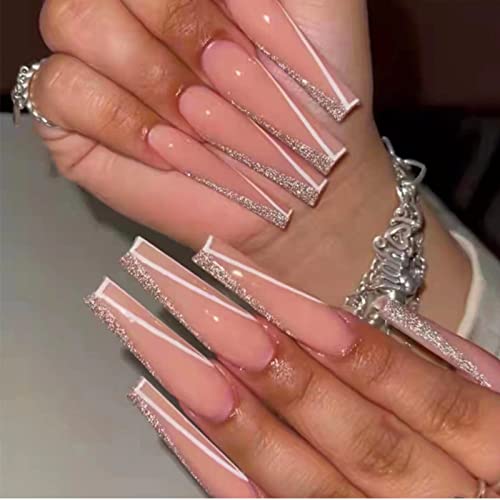 RUNRAYAY Medium Length French Tips Press on Nails with Designs, Nude White Acrylic Nails Press On, Stick on Nails for Women, Glue on Nails Fake N