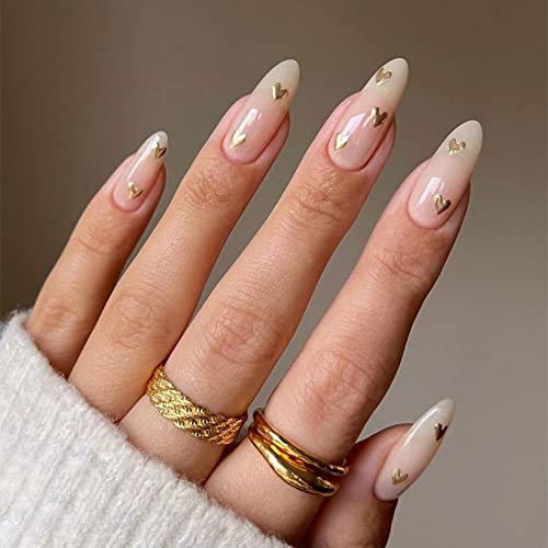 JUSTOTRY 24 Pcs Nude Short False Nails Almond,Gradient Pink Press on Nails Pattern,Glossy Fake Nails Short with Nail Glue,Oval Stick on Nails for