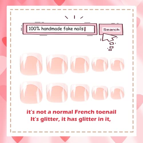 Glitter French False Toenails, Acrylic Press on Toe Nails, White Fake Toe Nails with Glue Sticker Stick on Nails for Toe for Women and Girls Fash
