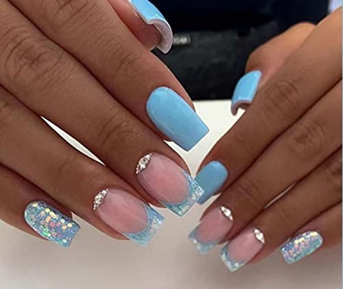 JUSTOTRY 24 Pcs Glitter Square False Nails Medium,Silvery French Press on Nails Pattern, Easy Fake Nails Short with Nail Glue, Stick on Nails for