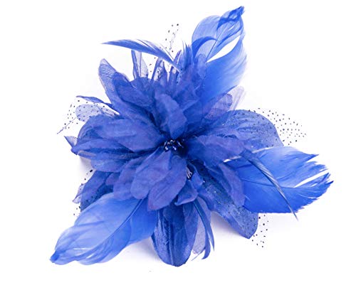 Feather Comb Fascinator for Women Wedding Ascot Races Christening Hair Piece (Royal Blue)