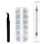 Sularpek 1500 Pcs Rhinestones, 6 Sizes Flat Back Gems, AB Clea Crystal Nail Art Rhinestones, with Pick Up Tweezers and Rhinestone Picker Dotting
