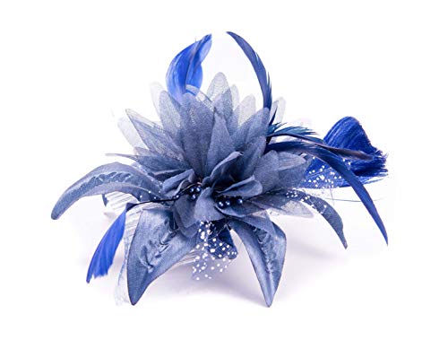 Feather Comb Fascinator for Women Wedding Ascot Races Christening Hair Piece (Royal Blue)