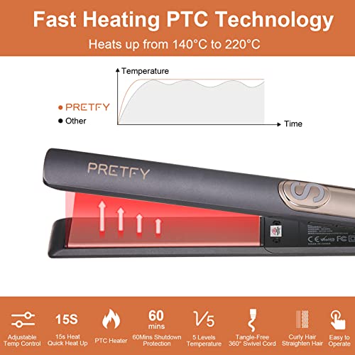 Pretfy Hair Straighteners, Hair Straighteners & Curlers in One with 140℃- 220℃ Adjustable Temperature, Straightener with Ceramic Thin Floating Pl