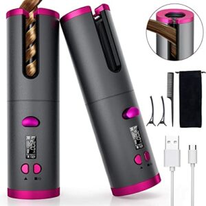 Wireless Automatic Curling Iron, Cordless Hair Curler, Ceramic Rotating Hair Curler with 6 Temps & Timers, Portable Rechargeable Wand, Auto Shut-