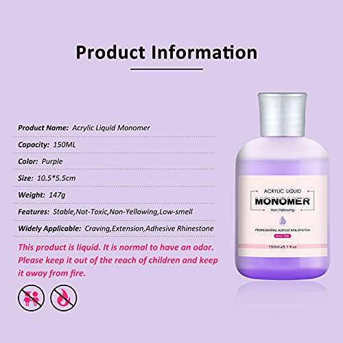 BNG Liquid Monomer For Acrylic Nail 150ML Professional Nail Acrylic Liquids For Acrylic Powder Nails Art Extension, MMA Free Monomer, Non-Yellowi