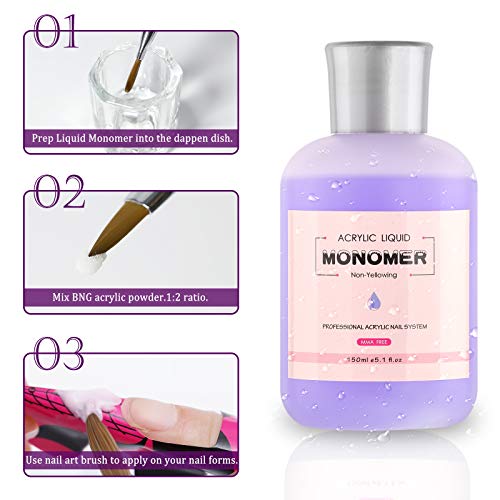 BNG Liquid Monomer For Acrylic Nail 150ML Professional Nail Acrylic Liquids For Acrylic Powder Nails Art Extension, MMA Free Monomer, Non-Yellowi