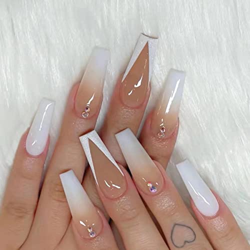RUNRAYAY Medium Length French Tips Press on Nails with Designs, Nude White Acrylic Nails Press On, Stick on Nails for Women, Glue on Nails Fake N