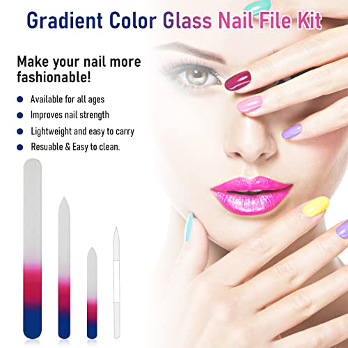 Cobee 4 Pcs Glass Double Sided Nail File, Fingernail Files and Cuticle Pusher Crystal Nail Files Double-Sided Etched Fingernail Glass Nail Files