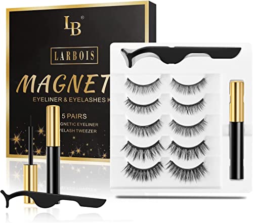 Magnetic Eyelashs, Larbois 5 Paires Eyelashes Natural Look with Eyeliner Kit, Self Adhesive&Reusable Fluffy Fake Set and Waterproof&Long Lasting