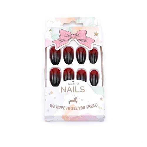 Jovono Gradient Oval False Nails Glossy Black Red Fake Nails Long Hand Nails Artificial Full Cover Nails for Women and Girls (24PCS)