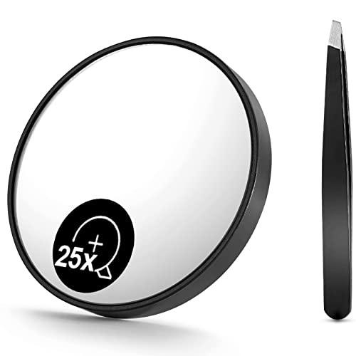 OMIRO 10X Magnifying Mirror, Travel Size Suction Magnifier Mirror for Makeup & Bathroom Shaving (8.8cm Black,with Tweezer)