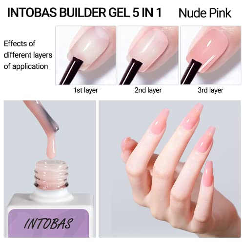 INTOBAS Gel Nail Builder Kit, 5 in 1 Builder Gel in a Bottle 15ml with Nail Forms 100 Pcs, Extension Gel Nail Polish Nude Pink, Strengthening Gel