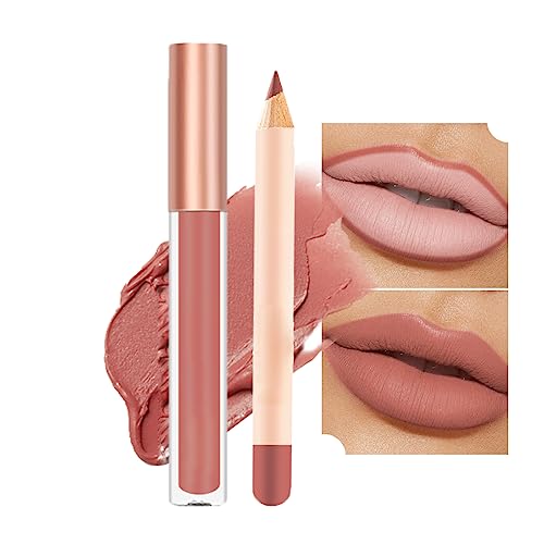 Nude Liquid Lipgloss - Lip Liner and Lipstick Set - Non-Sticky Long Lasting Waterproof Lip Stain - Highly Pigment Lip Stick & Lipliner Pencil - L