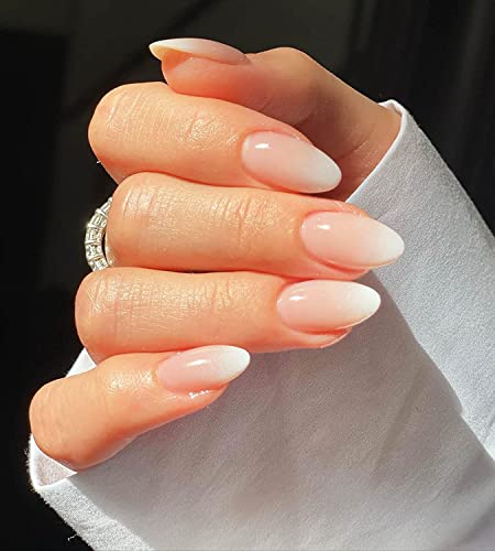 JUSTOTRY 24 Pcs Nude Short False Nails Almond,Gradient Pink Press on Nails Pattern,Glossy Fake Nails Short with Nail Glue,Oval Stick on Nails for