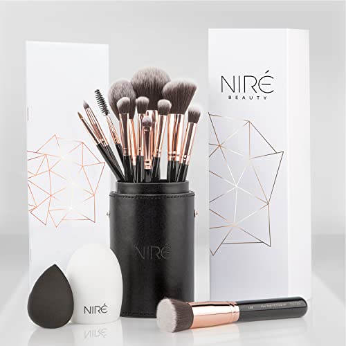 Niré Beauty Professional Makeup Brushes - 15-piece Award Winning Vegan Makeup Brush Set with Case, Blending Sponge, Brush Cleaner, Guide, Gift Bo