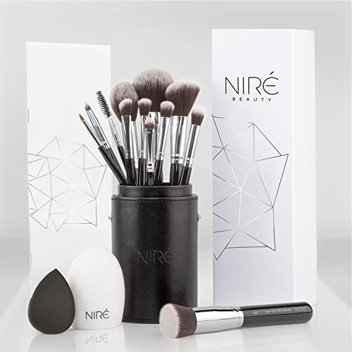 Niré Beauty Professional Makeup Brushes - 15-piece Award Winning Vegan Makeup Brush Set with Case, Blending Sponge, Brush Cleaner, Guide, Gift Bo