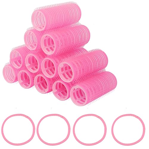 PINK Hair Rollers Pack of 16 with 12 hair rollers Size - 36mm & 4 Hair Band Self Grip Large Hair Rollers for Hair Volume - Medium Hair Curlers Ro