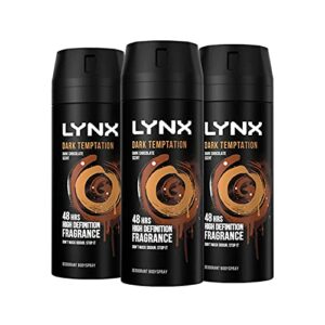 3 Pack of 150ml Lynx Dark Temptation Body Spray Deodorant with Scent of Chocolate