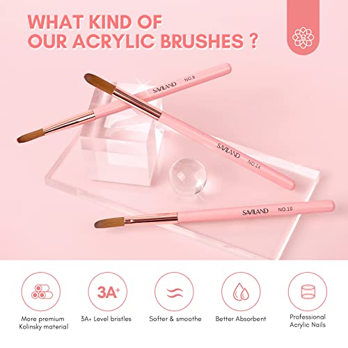 Saviland 3 PCS Kolinsky Acrylic Nail Brush - Size 8/10/14 Nail Brush for Acrylic Powder Durable Acrylic Nail Brush for Beginners Acrylic Brushes