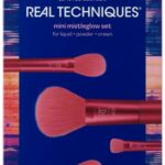 REAL TECHNIQUES Limited Edition Mini Mistleglow Makeup Brush Holiday Kit, For Liquid, Powder, and Cream Makeup, Stocking Stuffer, Pink, 4 Piece S