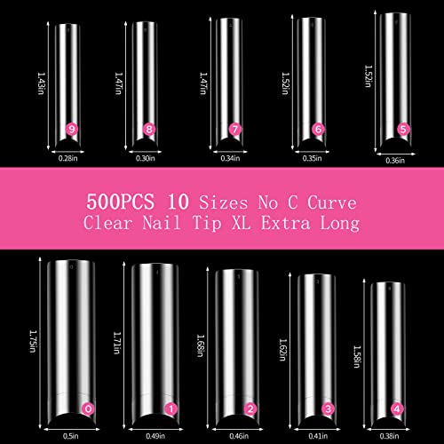 500 Pcs No C Curve Nail Tips XL Long Clear Nail Tips for Acrylic Nails Professional Set,10 Sizes Square Straight Tapered Half Cover Fake Nails Ti