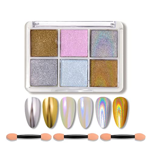 Chrome Nail Powder,6 Color Mermaid Neon Nail Glitters Powder Gel Polish Metallic Nail Art Pigment Powder Set with Nail Sponge Brushes for Nail Ar