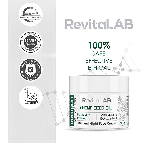 RevitaLAB Day and Night Collagen Anti-Ageing Moisturiser, Enriched with Hyaluronic Acid, Matrixyl® 3000, Hemp Seed Oil and a UVA/UVB Filter, for