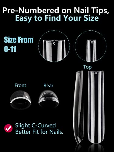 LIONVISON 3XL Extra Long Tapered Square False Nails, 240Pcs Clear Square Straight Fake Nail Tips for Acrylic Nails, 12 Sizes Full Cover Press On