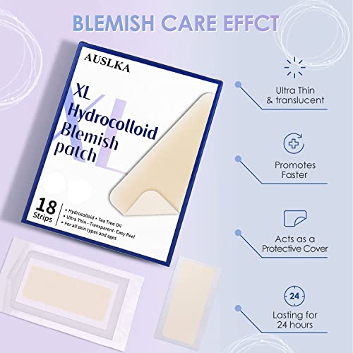 AUSLKA Large Blemish Pimple Patches XL -18 Strips, Hydrocolloid Spot Dots - Blemishes Patch - Pimple Stickers - Patches To Cover Facial Blemishes