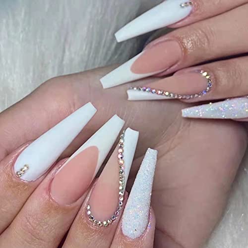 RUNRAYAY Medium Length French Tips Press on Nails with Designs, Nude White Acrylic Nails Press On, Stick on Nails for Women, Glue on Nails Fake N