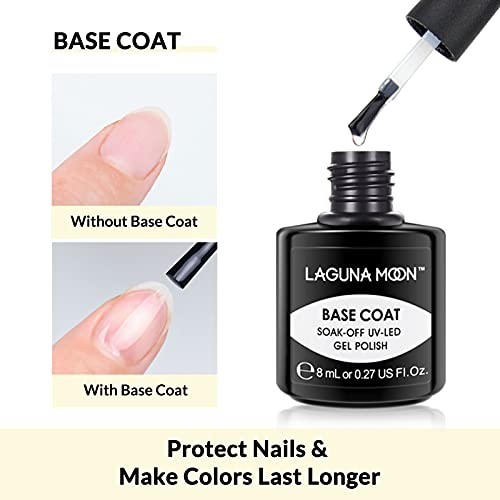 LagunaMoon Gel Nail Polish Base Coat and No Wipe Top Coat Gel Polish Set Soak Off UV LED Nail Varnish Lacquer Manicure Set 2 × 8ml