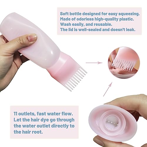 Shakeel 2 Pcs Hair Oil Applicator Bottle Hair Dye Brush Bottle for Hair 120ML Squeeze Comb Applicator Bottle with Graduated Scale (Pink)
