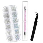 Sularpek 1500 Pcs Rhinestones, 6 Sizes Flat Back Gems, AB Clea Crystal Nail Art Rhinestones, with Pick Up Tweezers and Rhinestone Picker Dotting