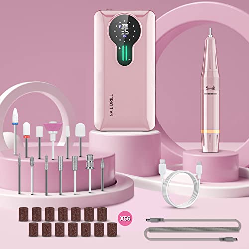 ENGERWALL Professional Rechargeable 35000 RPM Nail Drill, 20+ Hours Battery Life Portable Electric Nail File Kit with 13 Bits & 56 Sanding Bands